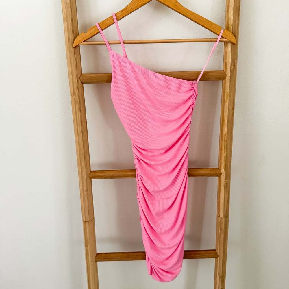 Princess Polly Pink Ribbed Ruched One Shoulder Mini Dress Size 0 XS Bodycon - Picture 2 of 9